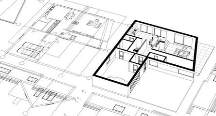 house traditional architecture plan 3d illustration	