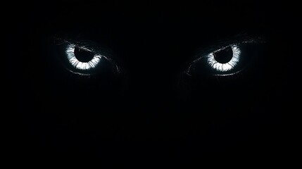 Close-up of eerie glowing eyes peering out from the darkness, ultra-sharp focus, solid black background