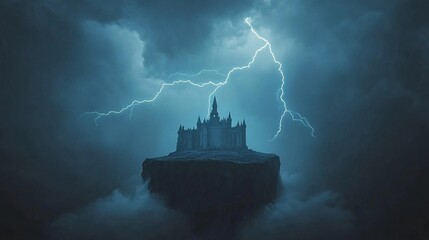 Fototapeta premium A haunting castle atop a floating island, illuminated by dramatic lightning against dark stormy clouds.
