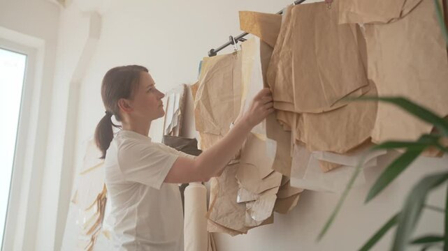 View from below of focused Caucasian female in white t-shirt going through many different paper mock-ups hanging on wall. Searching for correct pattern piece. Working on new clothing project.