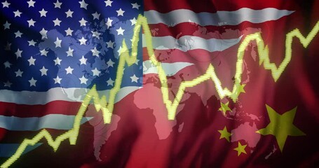 Stock market fluctuation animation over USA and China flags with world map - Powered by Adobe