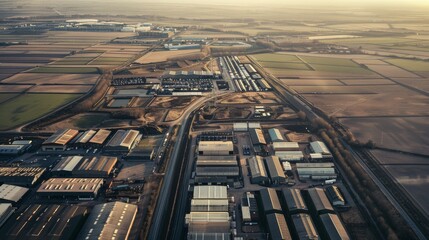 Fototapeta premium A broad view of an expansive industrial complex surrounded by fields, showcasing the contrast between industry and rural landscape.