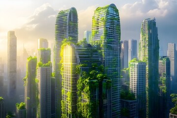 Futuristic Eco Friendly Cityscape with Sustainable Skyscrapers and Solar Panels