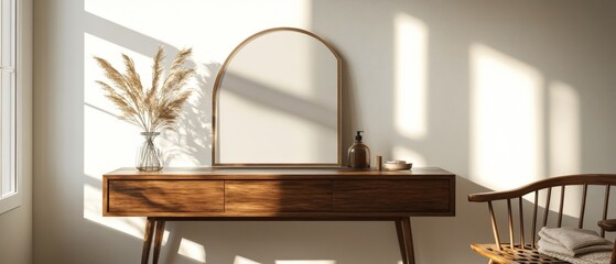 Minimalist Interior Design with a Wooden Vanity and a Sunlit Mirror.