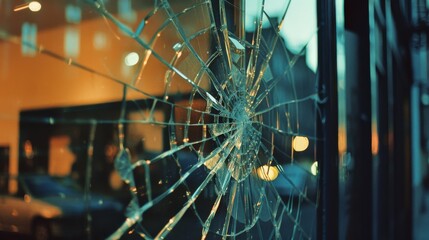 A shattered glass window with dramatic lighting captures a moment of chaos amidst the serenity of a cityscape, blending fragility with city life.