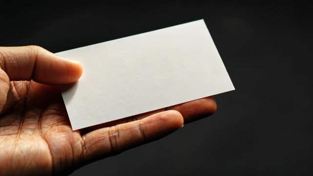 Hand holding blank business card on dark background