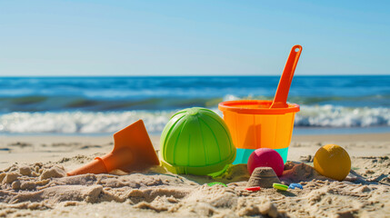  composition with beach toys lying on a sandy beach Bucket shovel ball sand molds