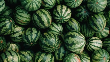 An abundance of whole watermelons with dark green stripes, stacked together, showcasing their freshness and natural abundance.