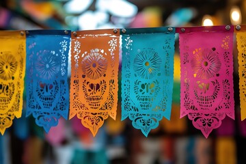  Festive D&iacute;a de los Muertos Banner with Colorful Papel Picado Featuring Skulls and Skeletons