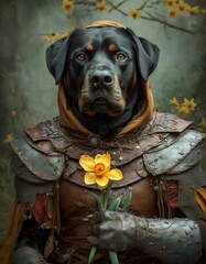 Obraz premium Portrait of a Anthropomorphic rottweiler holds a crocus flower, dressed like a barbarian.