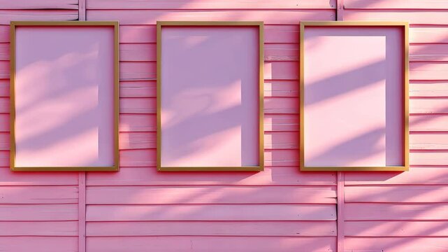 three empty picture frames on pink wooden wall, artistic concept
