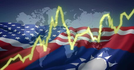 Stock market data animation over American and Taiwanese flags with world map - Powered by Adobe