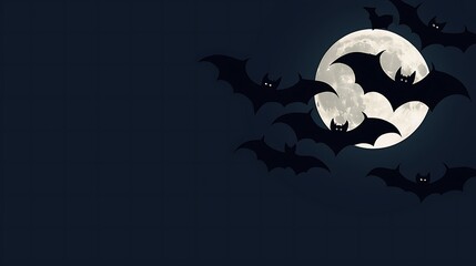 Fototapeta premium Halloween bats flying in the night sky with a full moon, ultra-sharp focus, solid navy blue background