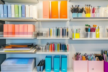Organized Office Supplies on Retail Shelves with Vibrant Color Palette