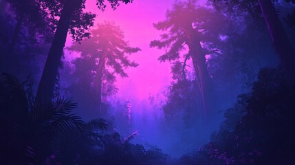 Mystical forest at dusk, showcasing vibrant purple and blue hues among towering trees.
