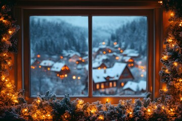 View From Christmas Decorated Home Through Blurred Frosted Window
