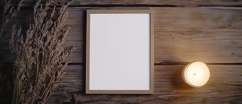 Blank Photo Frame with Candle on Wooden Background.