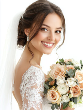 A smiling bride in a wedding dress, holding a bouquet of flowers, isolated on a white background