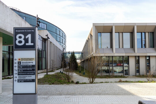 Modern hospital building in Herlev, Denmark.