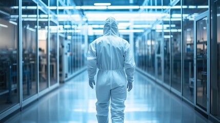 Fototapeta premium Pharmaceutical worker in a cleanroom suit walking through a production facility, ensuring compliance with sterile manufacturing processes.
