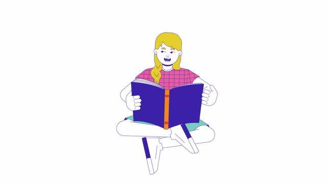 Excited blonde girl flipping through pages book 2D character animation. Kid turning page cartoon 4K video, alpha channel. Schoolgirl doing homework. Child reading animated person on white background