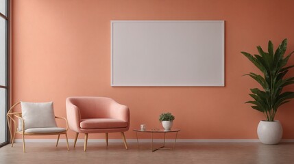 An empty photo frame for a banner, painting, and product display on an orange wall interior template, an Empty Photo mock-up of an interior design image.