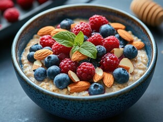 Delicious Oatmeal with Blueberries  Raspberries  and Almonds