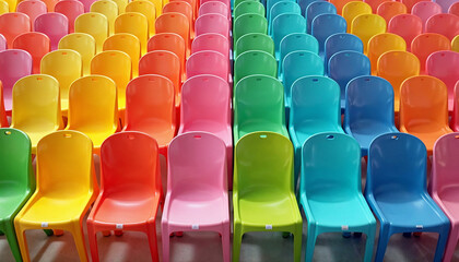 Fototapeta premium Colorful plastic chairs arranged in rows from an elevated angle, with bright lighting and a neutral background