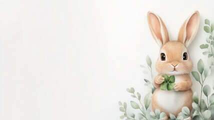 Obraz premium Bunny holding a tiny leaf umbrella, surrounded by soft greenery, watercolor nature illustration, white background with plenty of space for text