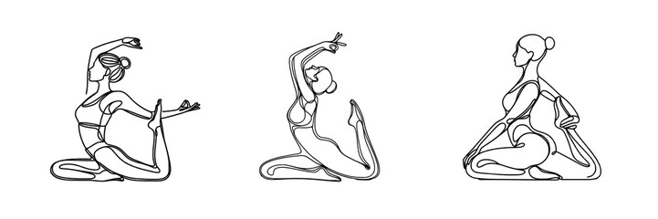Obraz premium Set of girl in yoga hand drawn picture silhouette line art, isolated over on transparent white background