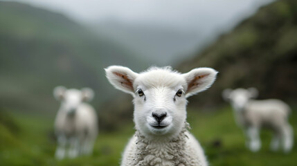 Fototapeta premium Ewes And Their Newborn Lambs Grazing The West