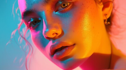 An evocative, close-up portrait of a woman with colorful, dramatic lighting casting pink and blue hues on her face.