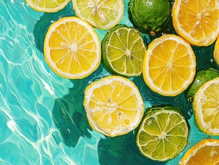 Citrus Spectacle: Sliced Lemons and Limes Floating on Vibrant Turquoise Water with Reflective Skins