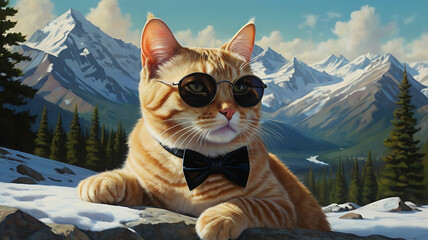 Obraz premium Photorealistic digital painting of a sleek cat in sunglasses and bowtie, confidently posed against majestic snow-capped mountains, blending hyper-realism and surreal dreamlike scenery 