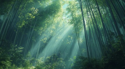 Fototapeta premium Serene Bamboo Forest: Sunlight beams through a dense bamboo grove, casting ethereal rays of light that create a mystical atmosphere. The scene evokes a sense of tranquility and peace.