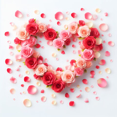 Collection of roses and petals laid out in a heart shape on a white background creating a gradient effect