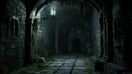 Obraz premium Dark and grim dungeon alley with eerie atmosphere, shadowy textures, and mysterious backdrop, perfect for cinematic scenes, new beautiful stock image illustration AI