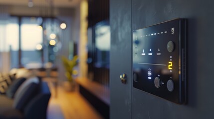 A sleek, illuminated smart home control panel in a contemporary living room, enhancing the space with advanced technology and modern design.