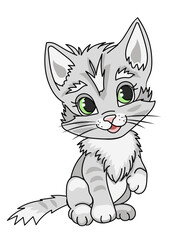Cute gray tabby kitten. Cartoon vector illustration, isolated on white.
