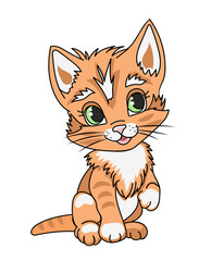 Funny red and white tabby kitten. Cartoon vector illustration, isolated on white.