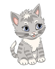 Little gray tabby kitten. Cartoon vector illustration, isolated on white.