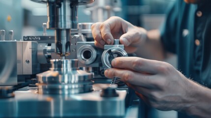 A technician adjusts precise components in a high-tech machine, emphasizing meticulous craftsmanship and advanced engineering skills.