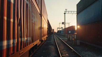 Fototapeta premium A rail yard filled with shipping containers at sunset, light casting shadows and a sense of industrial activity and stillness.