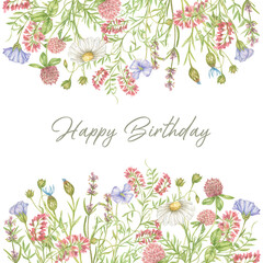 Watercolor frame made of wildflowers. Elements of floral design. Elegant illustration of a floral frame for wedding invitations, postcards, backgrounds, tags, posters, packaging