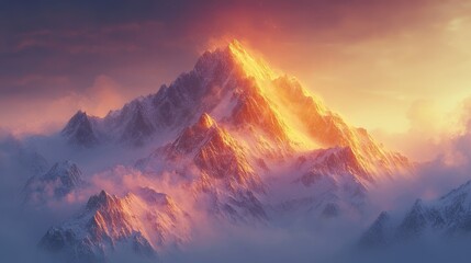 Golden Hour Peak: Majestic mountain peak ablaze in the golden light of sunset, shrouded in mystical clouds. A breathtaking landscape photograph evoking a sense of awe and wonder. 