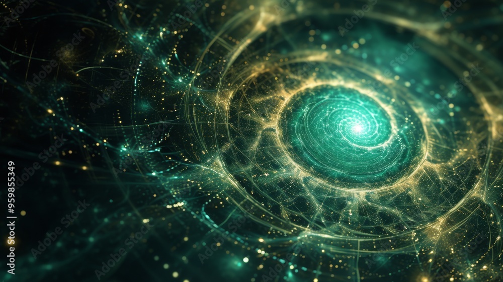 Fototapete Stunning abstract digital art depicting a swirling vortex of glowing lights and particles in green and gold hues, creating a sense of depth and movement in a cosmic, futuristic scene.