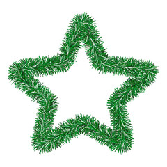 Green tinsel star. Color vector illustration. Isolated on white background. Fluffy celestial body. Star decoration. Idea for web design.