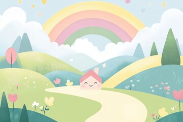 Charming kawaii landscape with rolling hills and pastel rainbow for whimsical design projects.