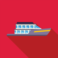 Illustration of a large passenger ship sailing on water, featuring a long shadow cast on a vibrant red background