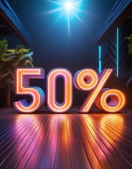 Neon sign with 50 percent off on wooden floor in urban setting